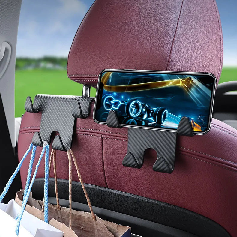Black ABS plastic car hook bracket with integrated phone holder, shown from the side.