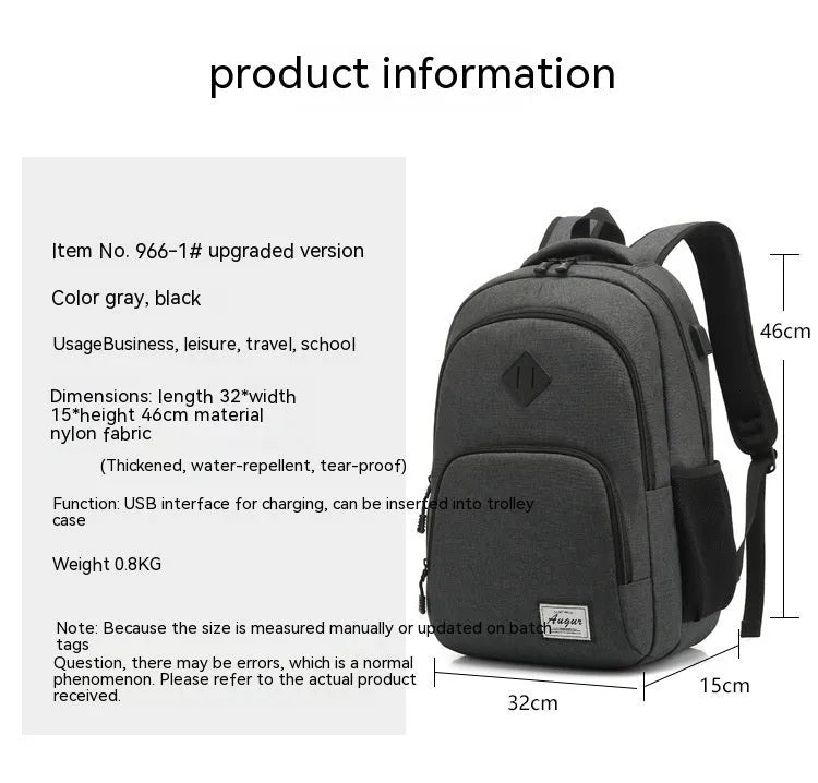 Lightweight grey USB charging backpack with trolley sleeve shown next to a smartphone.