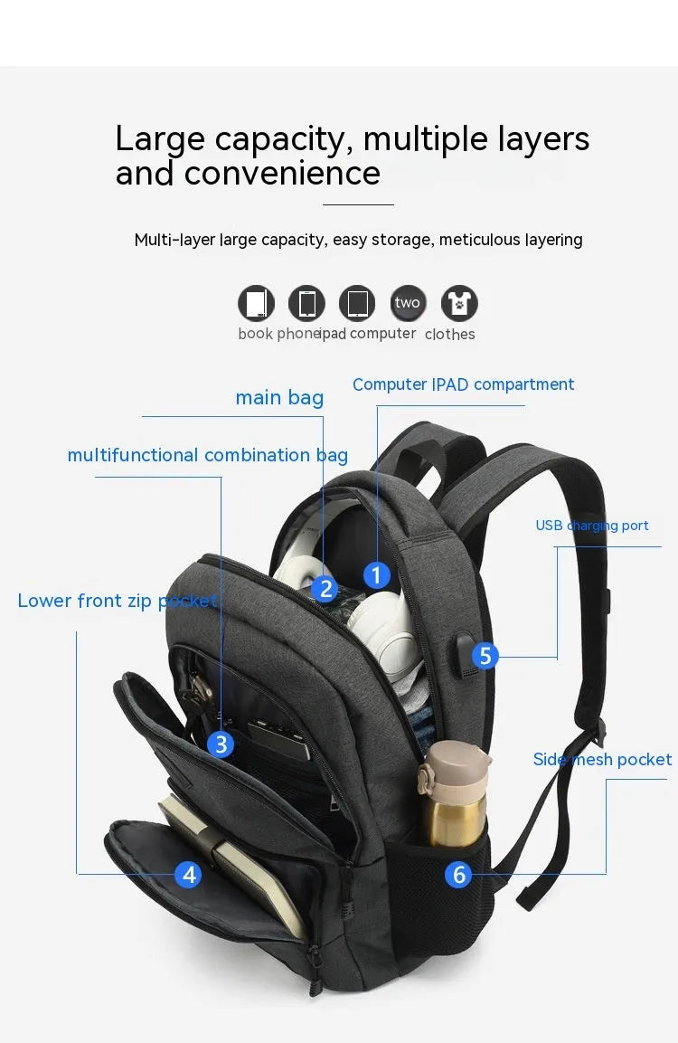 Lightweight grey USB charging backpack with trolley sleeve shown next to a smartphone.