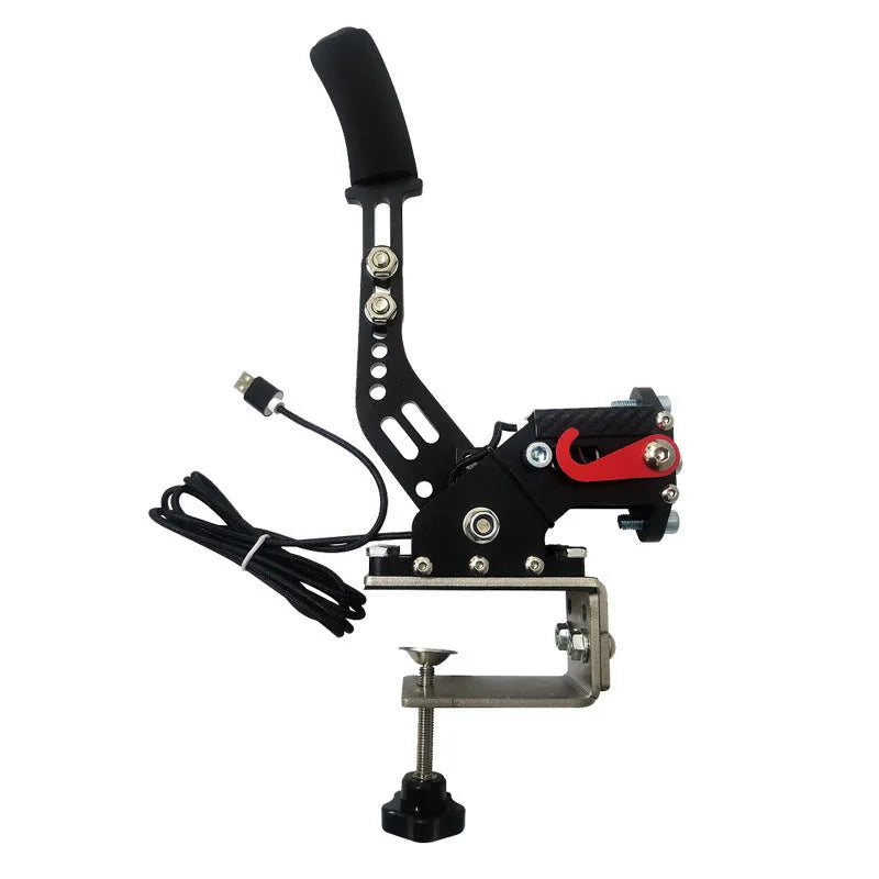 USB sequential handbrake controller for sim racing in black, blue, purple, red, or yellow with mounting clamp.
