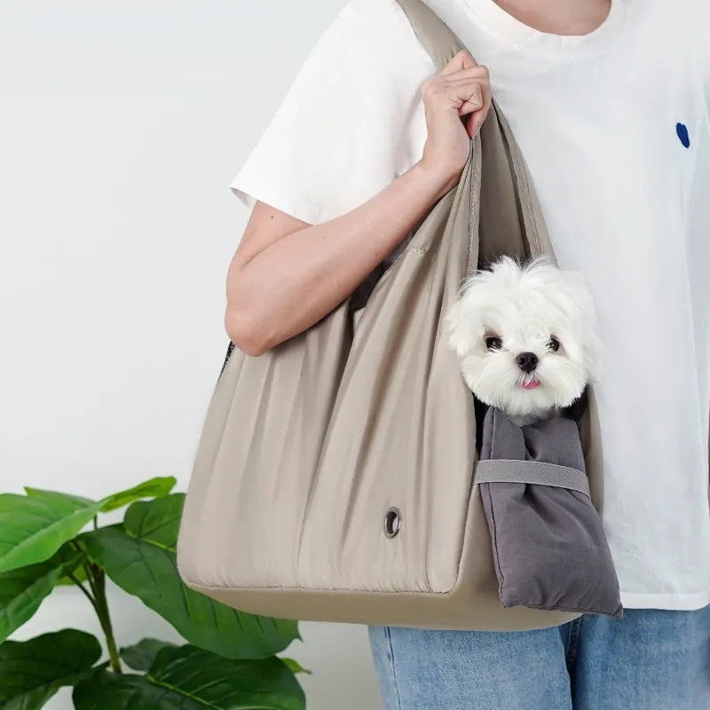 Apricot cloth pet carrier handbag for small dogs and cats showing medium size dimensions