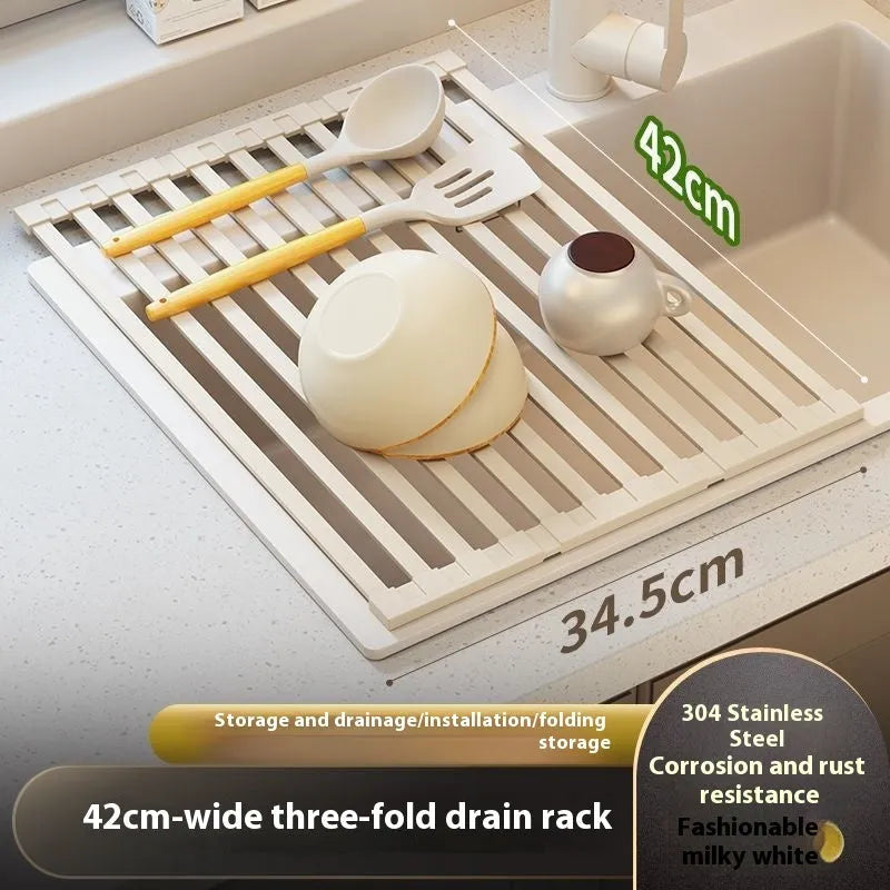 Milky White foldable stainless steel kitchen draining rack shown folded and unfolded.