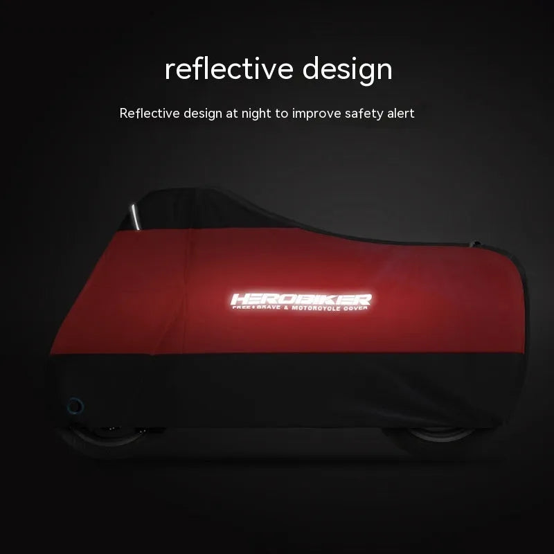 Polyester motorcycle cover with anti-theft features in black, black red or black silver colours