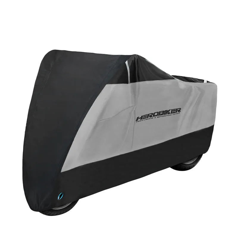 Polyester motorcycle cover with anti-theft features in black, black red or black silver colours
