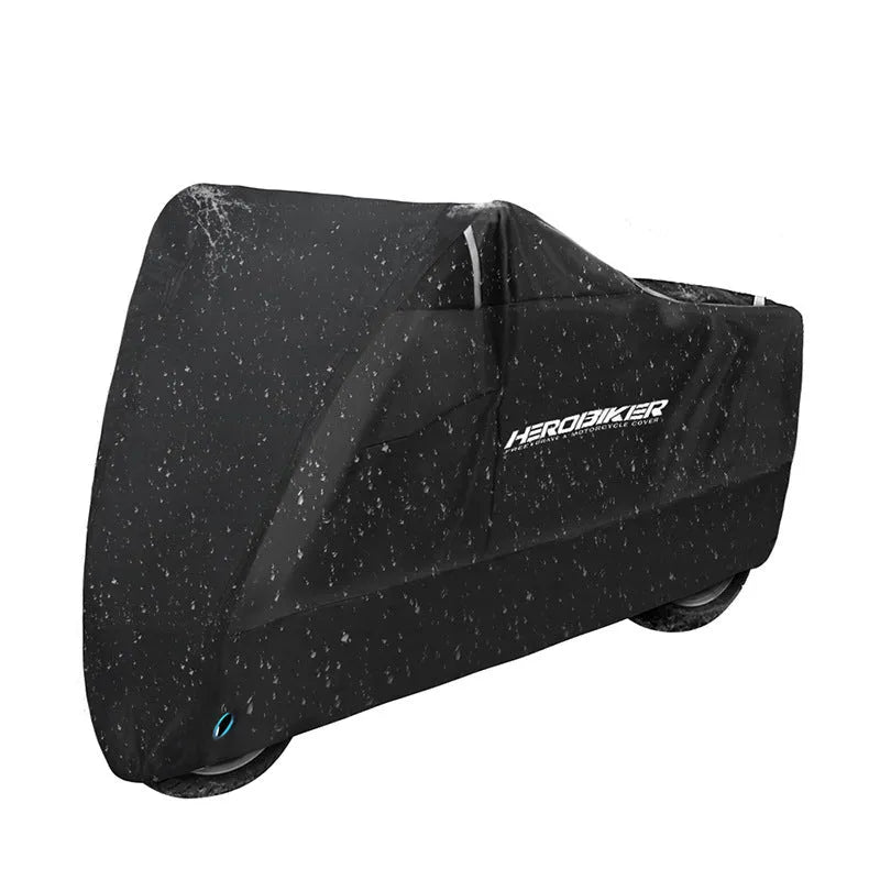 Polyester motorcycle cover with anti-theft features in black, black red or black silver colours