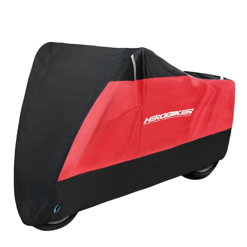 Polyester motorcycle cover with anti-theft features in black, black red or black silver colours