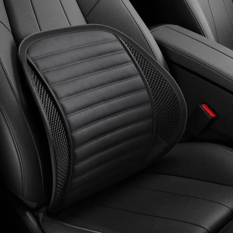 Memory foam car lumbar support cushion with adjustable straps shown in sapphire blue colour