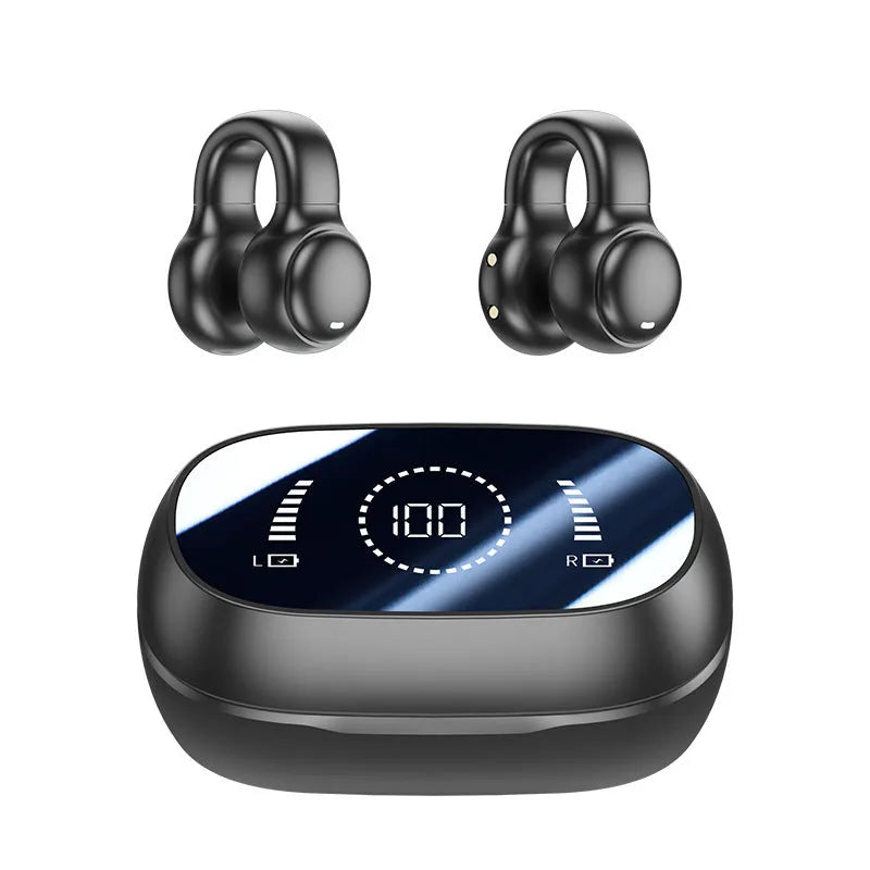 M47 Bluetooth wireless sports headset in black with clip-on design and digital display screen