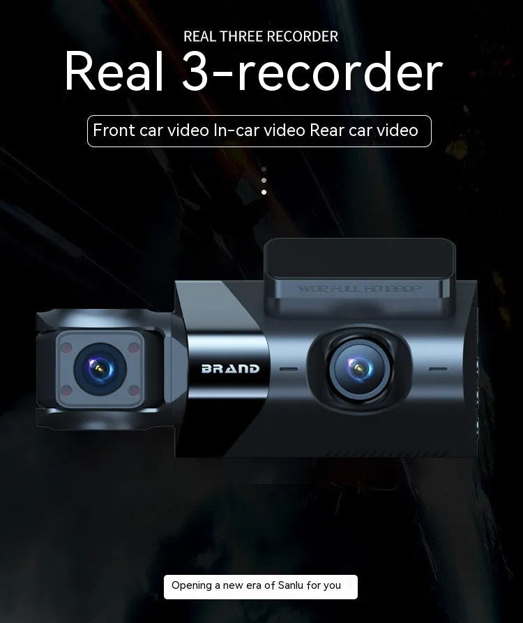 Black car dashboard camera with 5-inch screen, GPS, and mobile phone Wi-Fi interconnection.