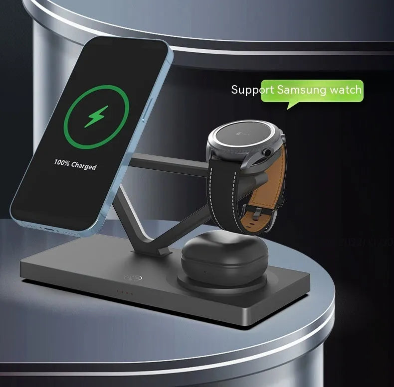 Five-in-one wireless charging night lamp showing magnetic bracket, watch charging position, and circular base station