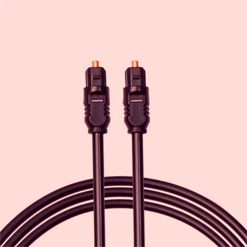 Black 2-metre digital optical Toslink audio cable with square connectors on opposite ends.