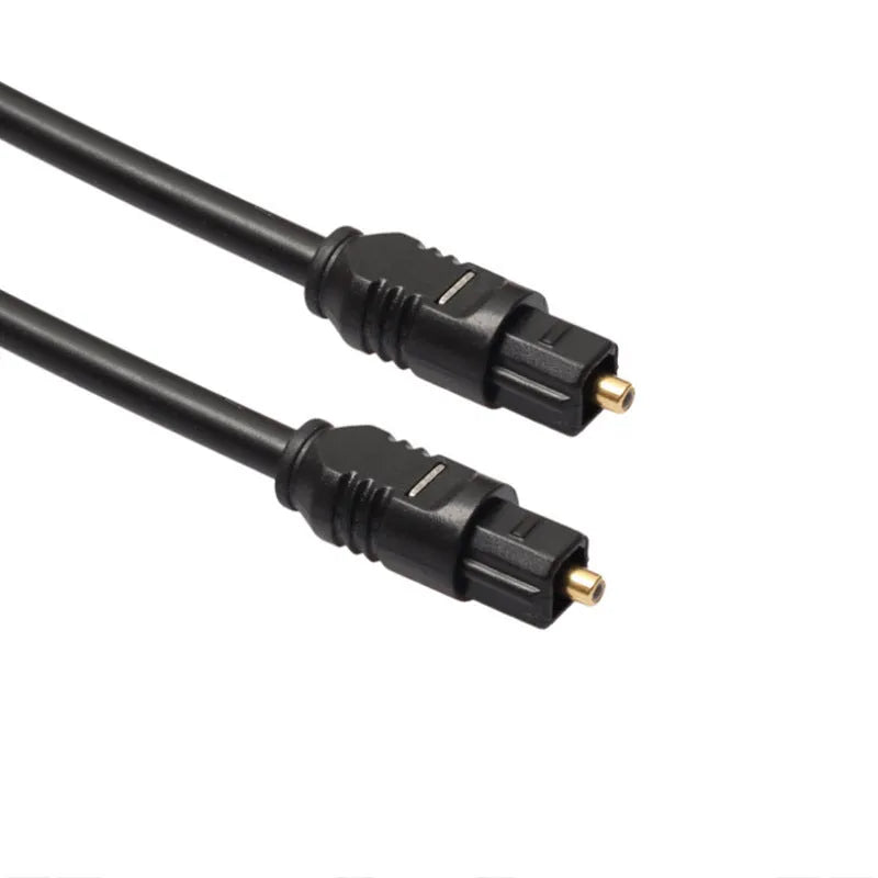 Black 2-metre digital optical Toslink audio cable with square connectors on opposite ends.