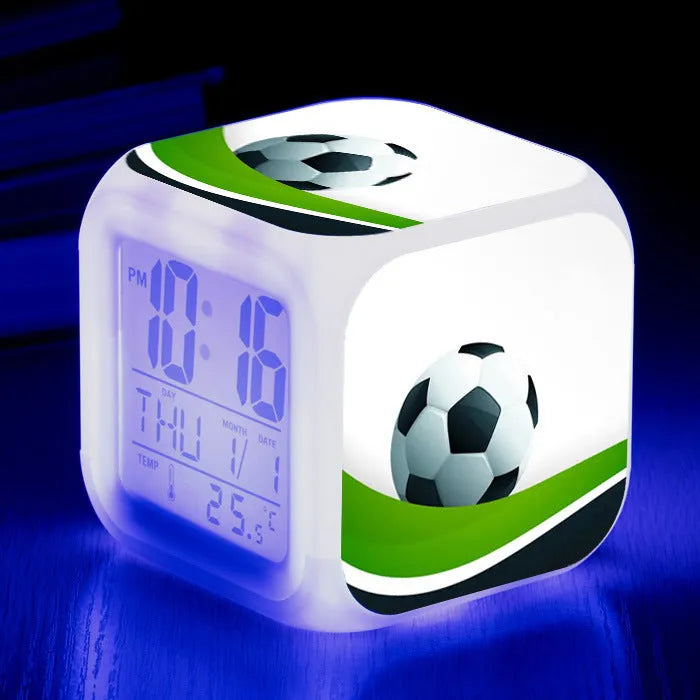 Football pattern digital alarm clock with cartoon design and mute alarm function