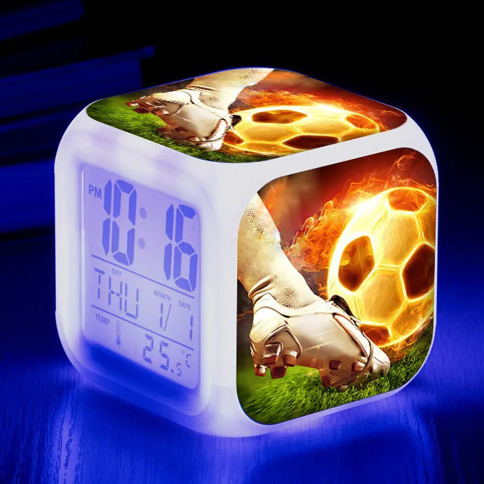 Football pattern digital alarm clock with cartoon design and mute alarm function