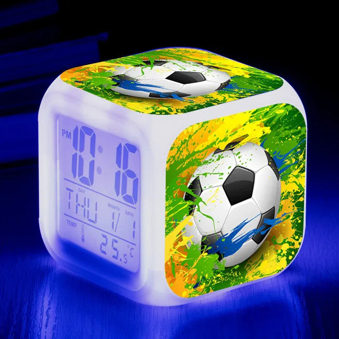 Football pattern digital alarm clock with cartoon design and mute alarm function