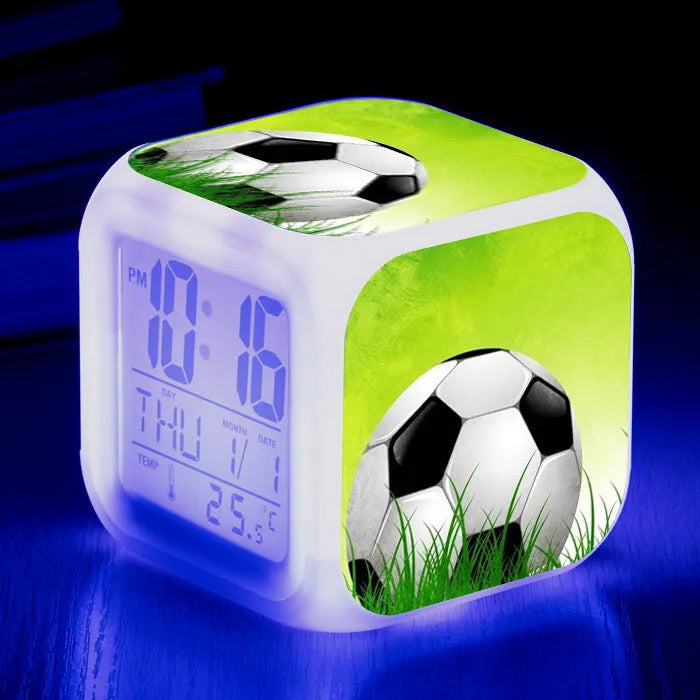 Football pattern digital alarm clock with cartoon design and mute alarm function