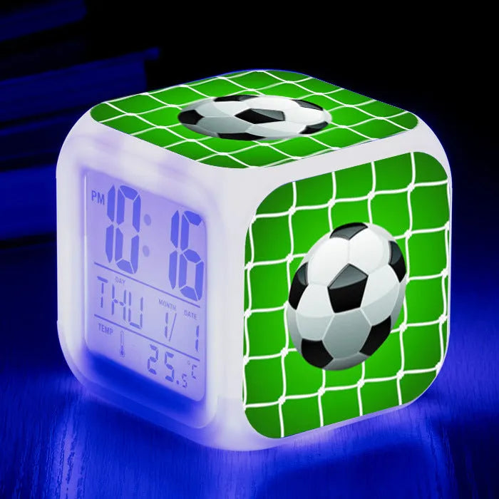 Football pattern digital alarm clock with cartoon design and mute alarm function