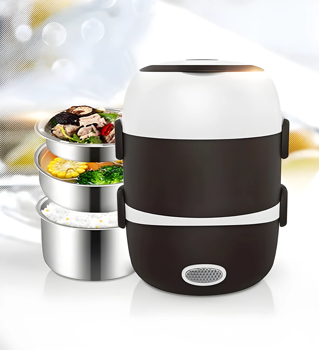 USB-powered multi-function lunch box showing two-layer and three-layer insulated containers