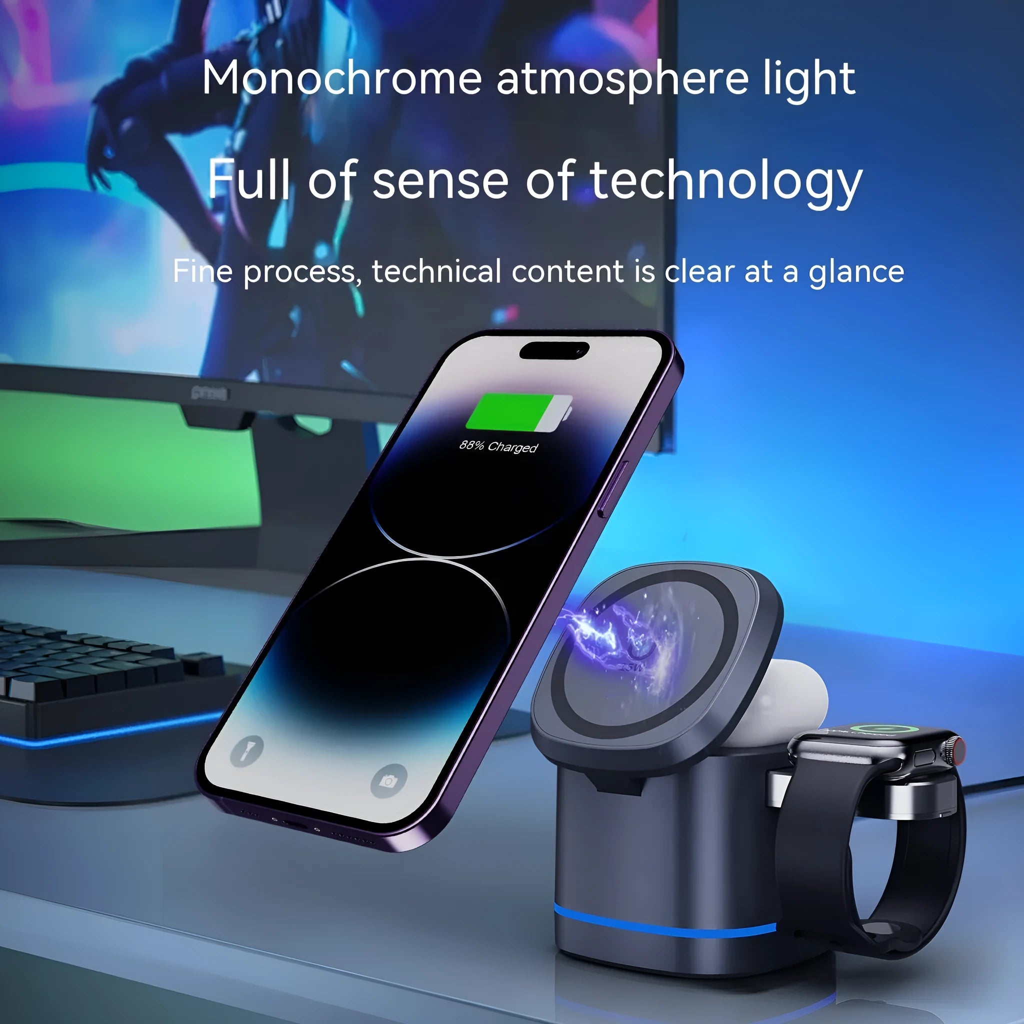 Three-in-one folding magnetic wireless fast charging charger in Iron Grey with phone, earphones and watch placed on charging pads