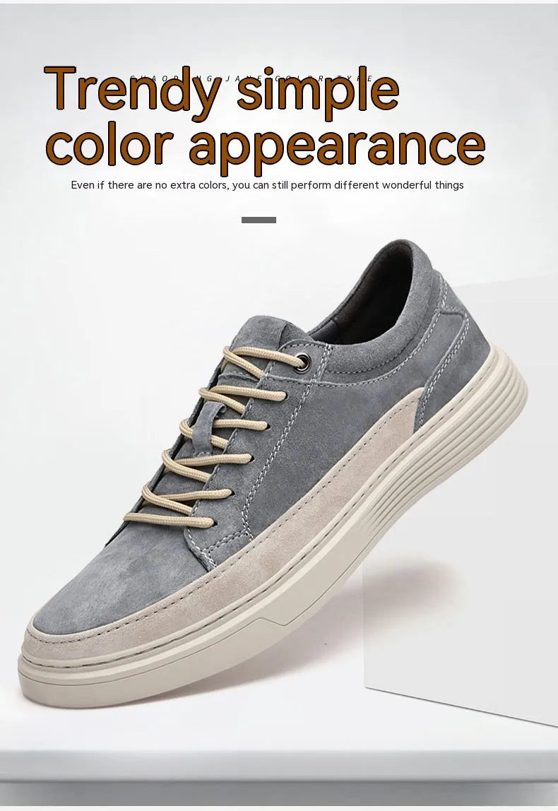 Men's grey casual skate shoes with pigskin leather upper and rubber sole, front lace-up closure