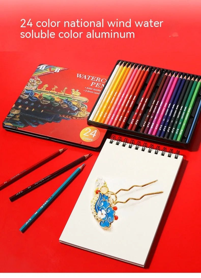 24 water-soluble coloured pencils in iron storage box, wooden barrel construction