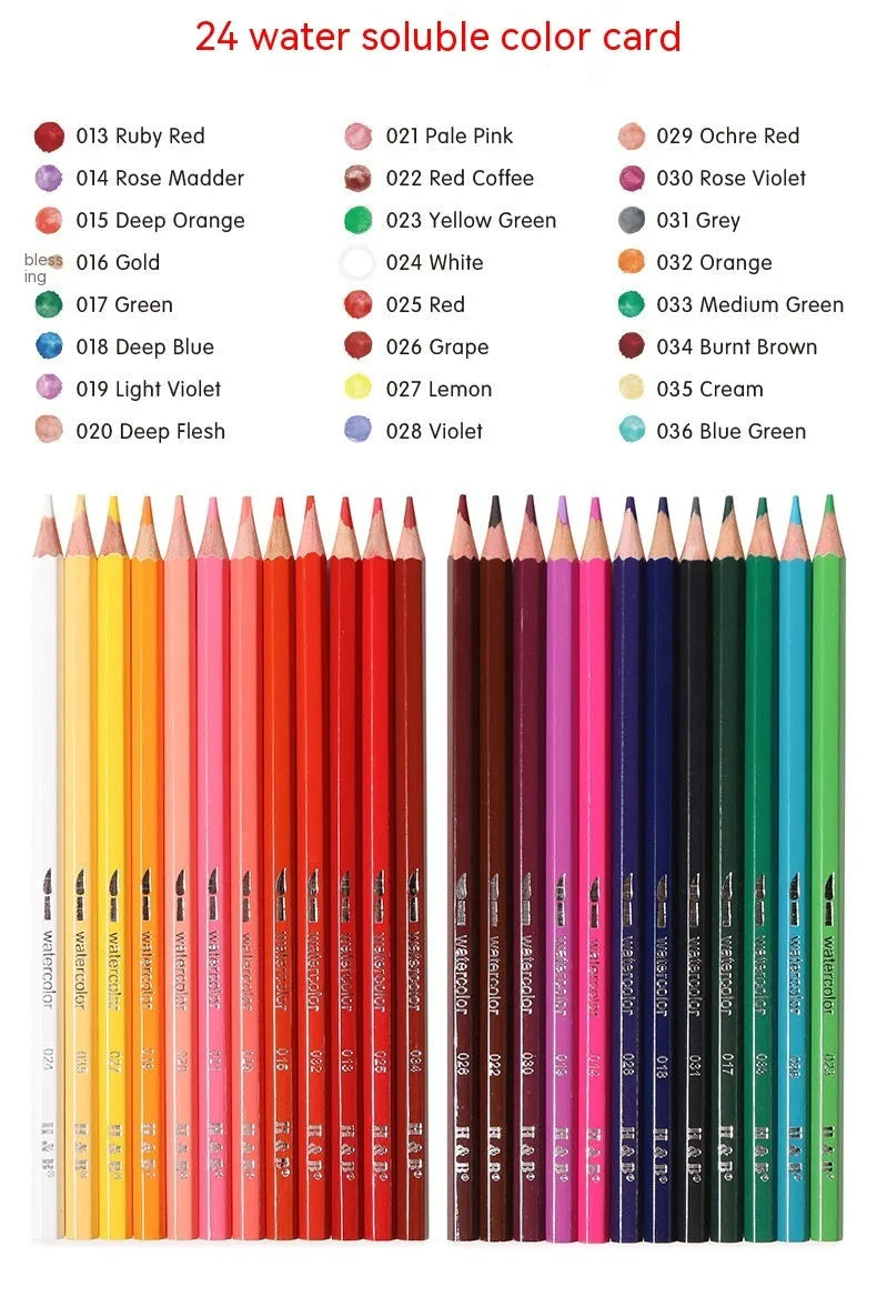 24 water-soluble coloured pencils in iron storage box, wooden barrel construction