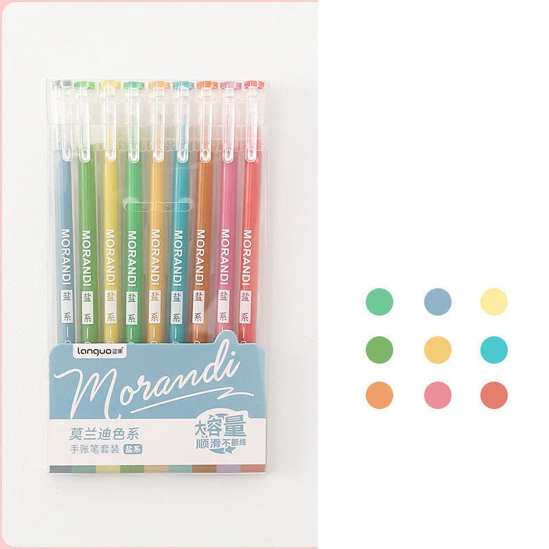 Set of nine colourful retro-style gel pens with 0.5mm needle tips, arranged in Nordic, Salt, Sweet, and Retro designs.