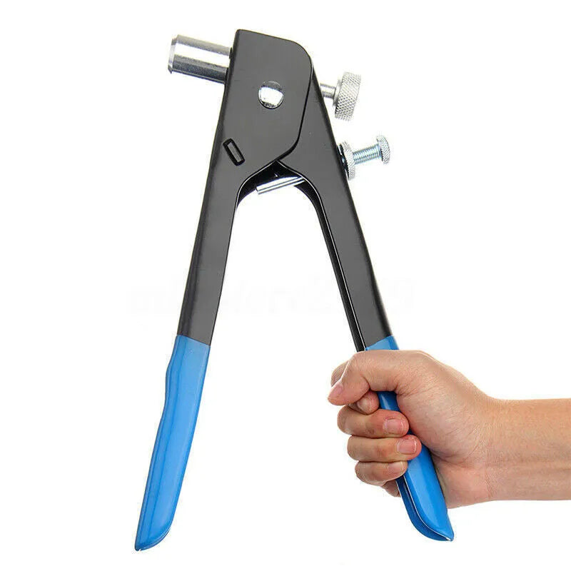 Manual riveter nut set with alloy steel construction including riveter gun and threaded rivet nuts