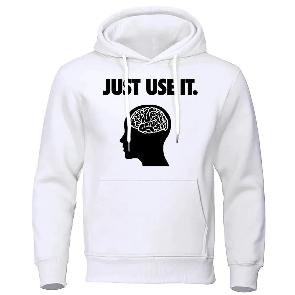 Men's white printed velvet padded hooded sweatshirt loose fit pullover side seam pockets