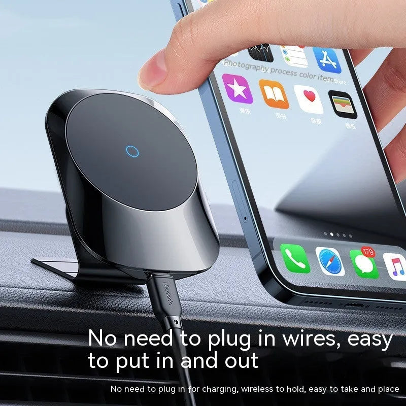 Black magnetic car wireless charger with 15W fast charging mounted on vehicle air vent