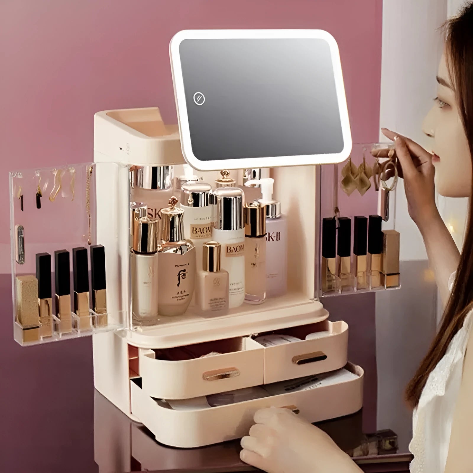 Mirror integrated light desktop large capacity cosmetics storage box in ivory white with lipsticks and skincare products inside