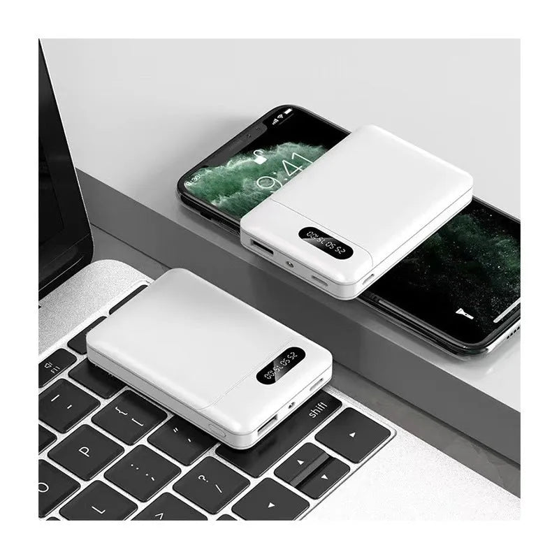 Black or white portable power bank with dual USB ports showing 10000mAh capacity
