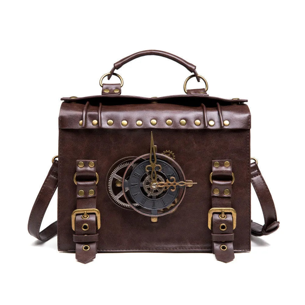 Bronze steampunk pillow shoulder bag with metal details on a horizontal square shape