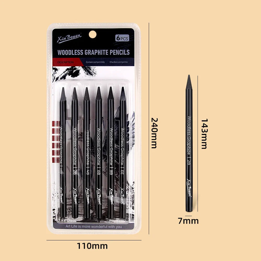 Set of six wood-free graphite sketching pencils with HB, 2B, 4B, 6B, 8B, and EE hardness grades