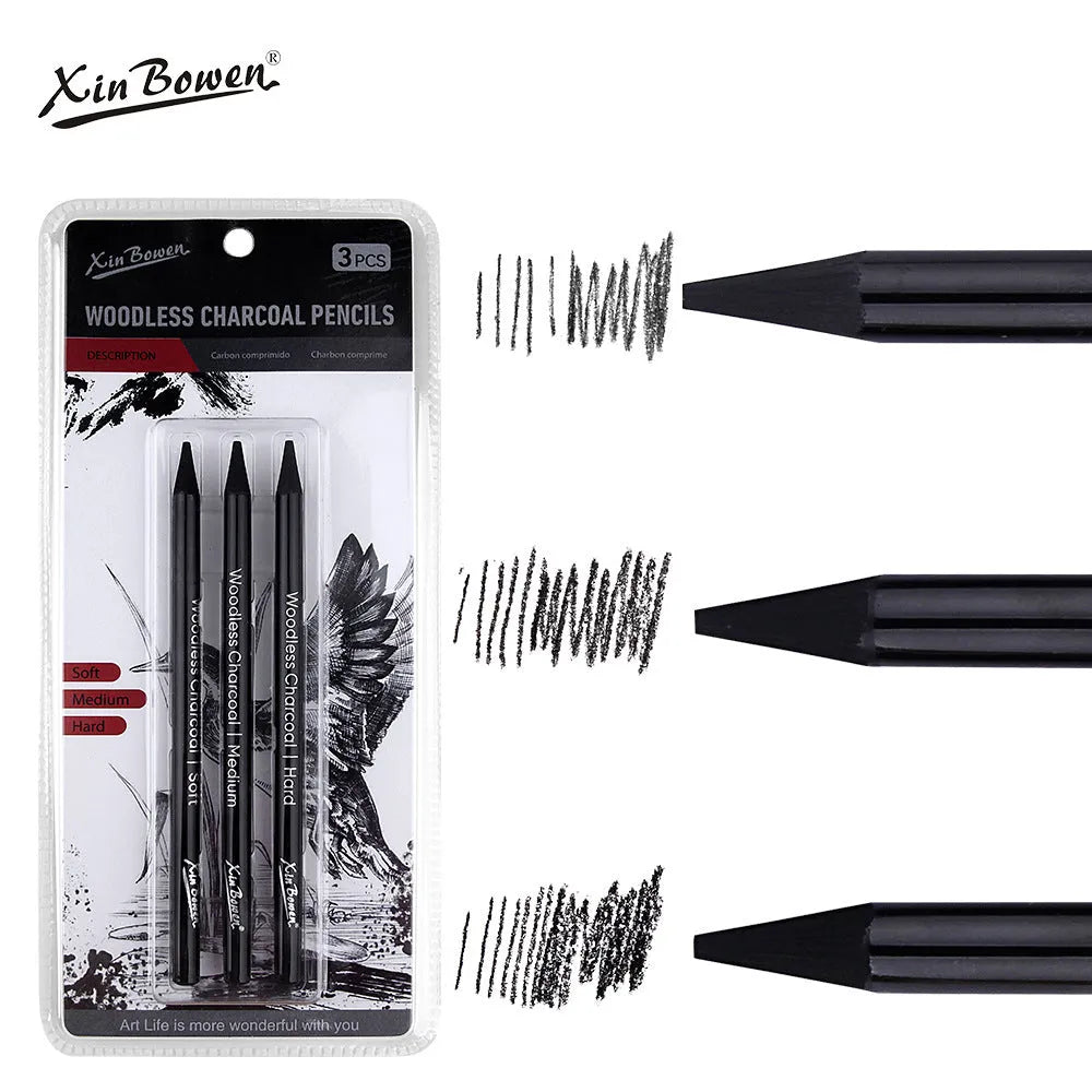 Set of six wood-free graphite sketching pencils with HB, 2B, 4B, 6B, 8B, and EE hardness grades