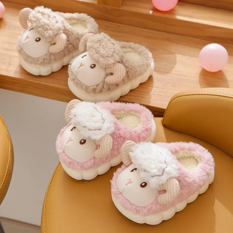 Children's fluffy cartoon slippers with plush upper and PVC sole in pink and beige