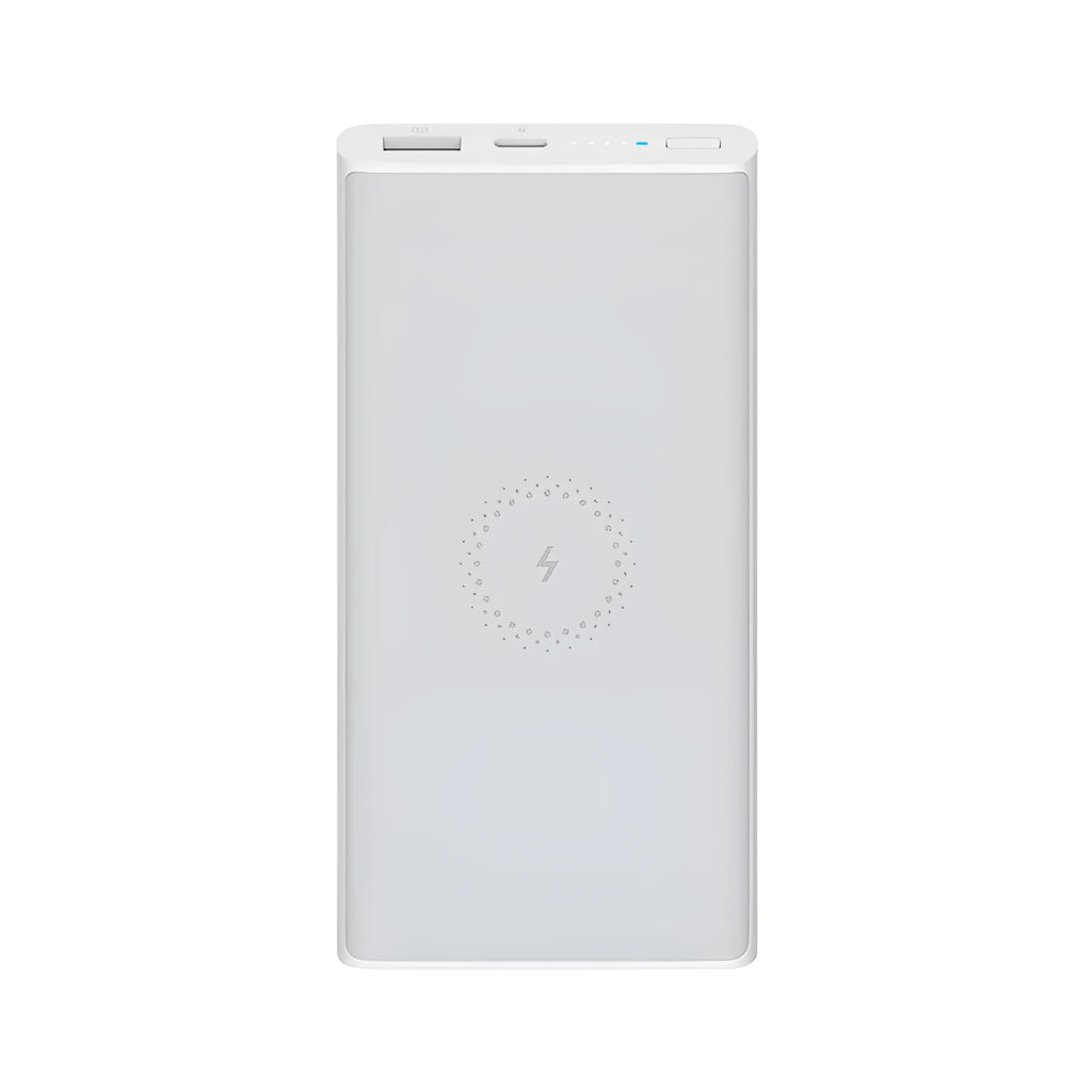 White and black large capacity 10000mAh power bank with USB Type-C port and wireless charging pad.