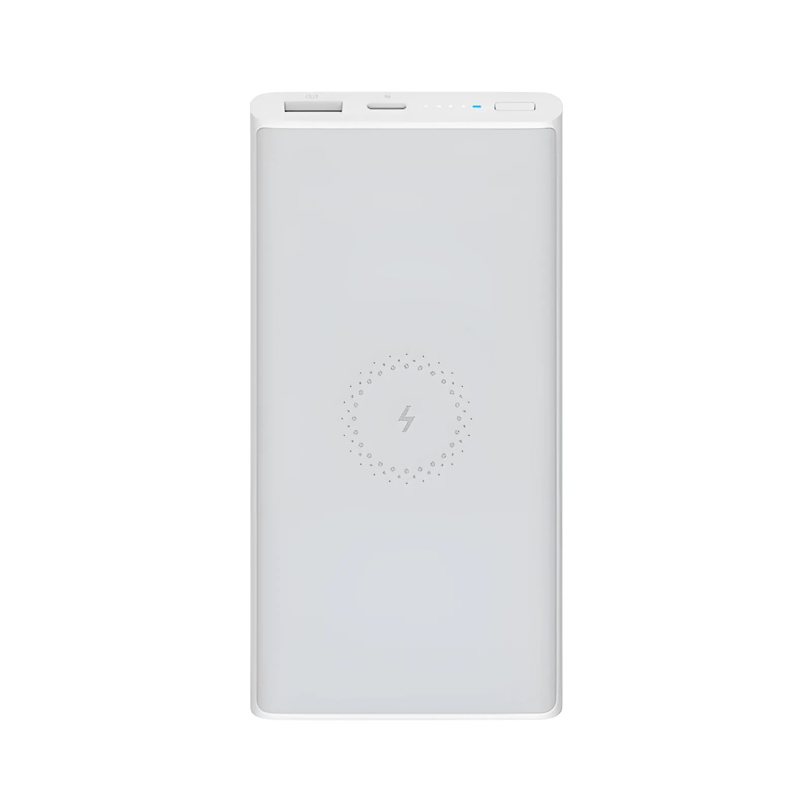 White and black large capacity 10000mAh power bank with USB Type-C port and wireless charging pad.
