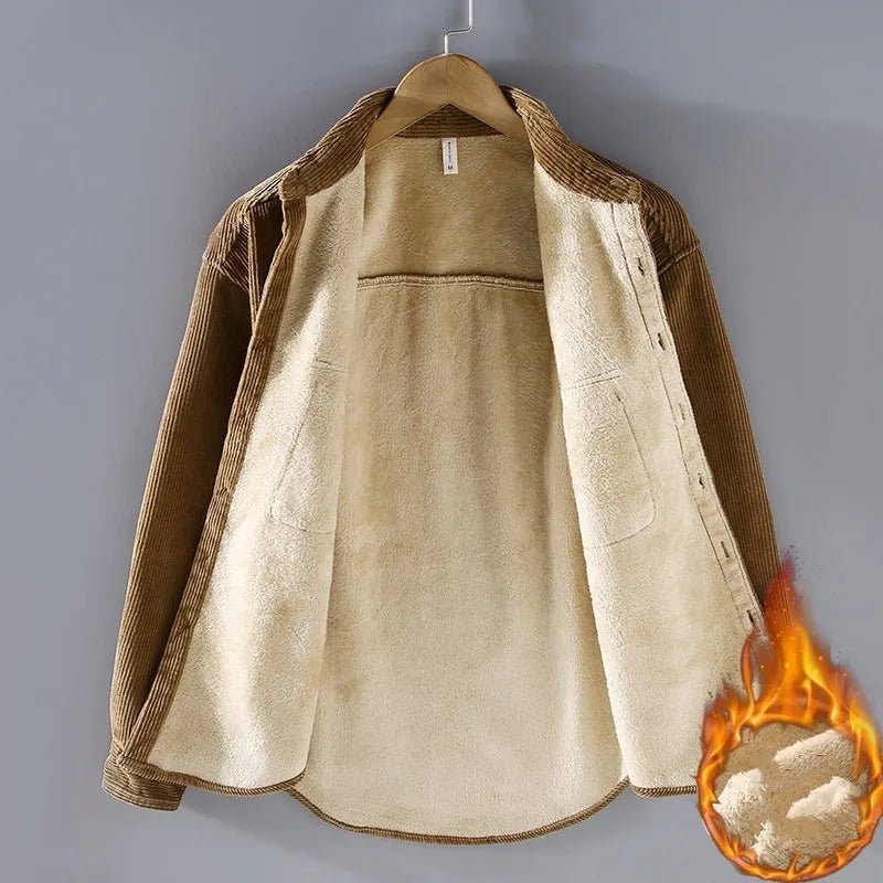Men's fleece lined padded corduroy casual coat shirt in solid colour, Japanese retro style, loose fit, long sleeves