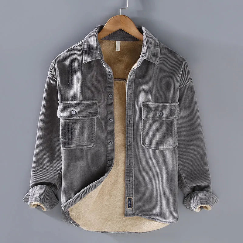 Men's fleece lined padded corduroy casual coat shirt in solid colour, Japanese retro style, loose fit, long sleeves