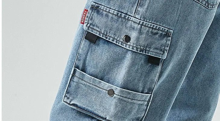 Men's denim cropped trousers in black, mid-waist straight-leg design, cotton fabric, size M to 8XL