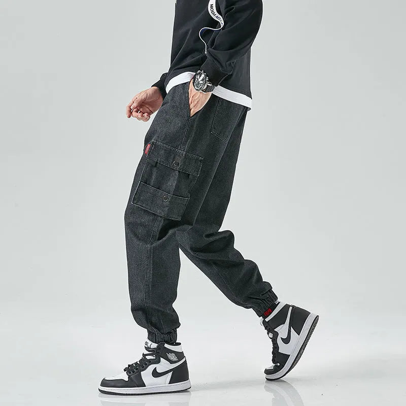 Men's denim cropped trousers in black, mid-waist straight-leg design, cotton fabric, size M to 8XL