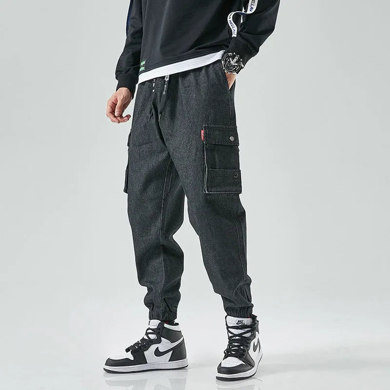 Men's denim cropped trousers in black, mid-waist straight-leg design, cotton fabric, size M to 8XL