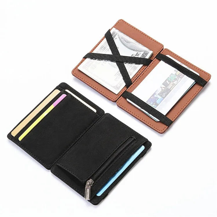 Short style PU leather magic flip wallet with zipper coin purse in black, blue, brown, light grey, or purple.