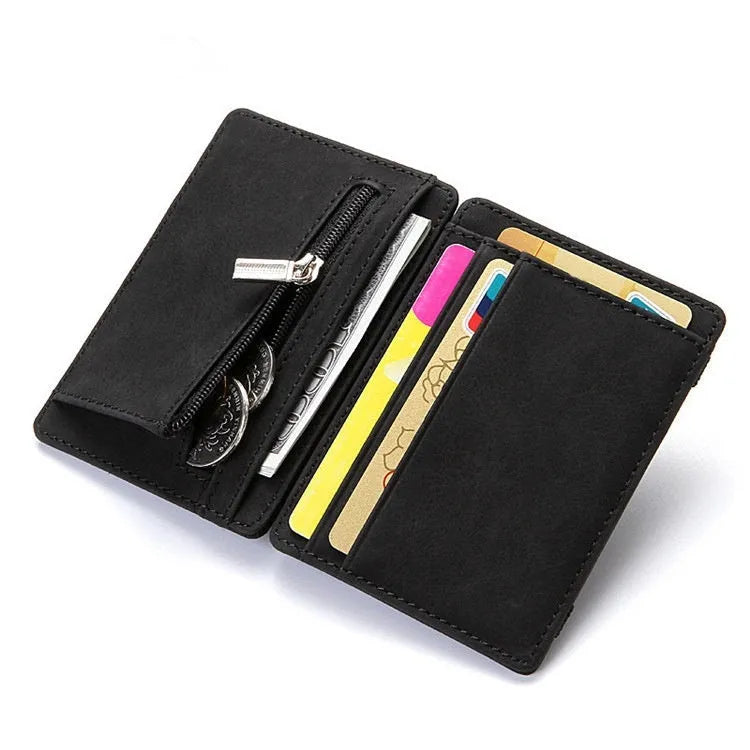 Short style PU leather magic flip wallet with zipper coin purse in black, blue, brown, light grey, or purple.