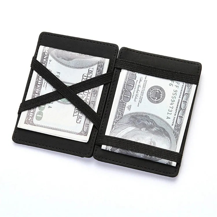 Short style PU leather magic flip wallet with zipper coin purse in black, blue, brown, light grey, or purple.