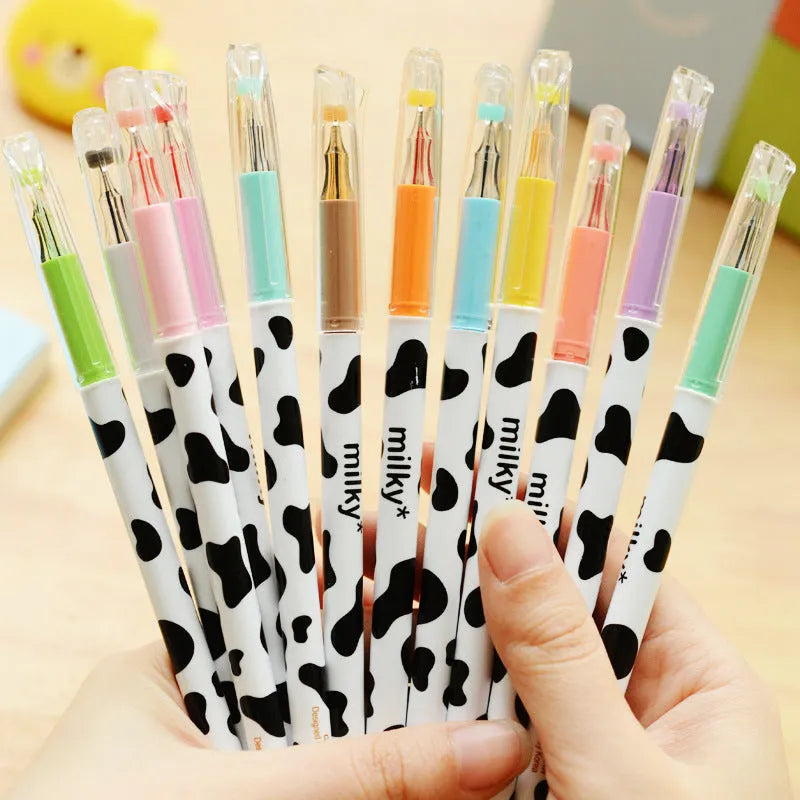 Cow print design gel pens with 0.38mm fine tips in 12 assorted ink colours