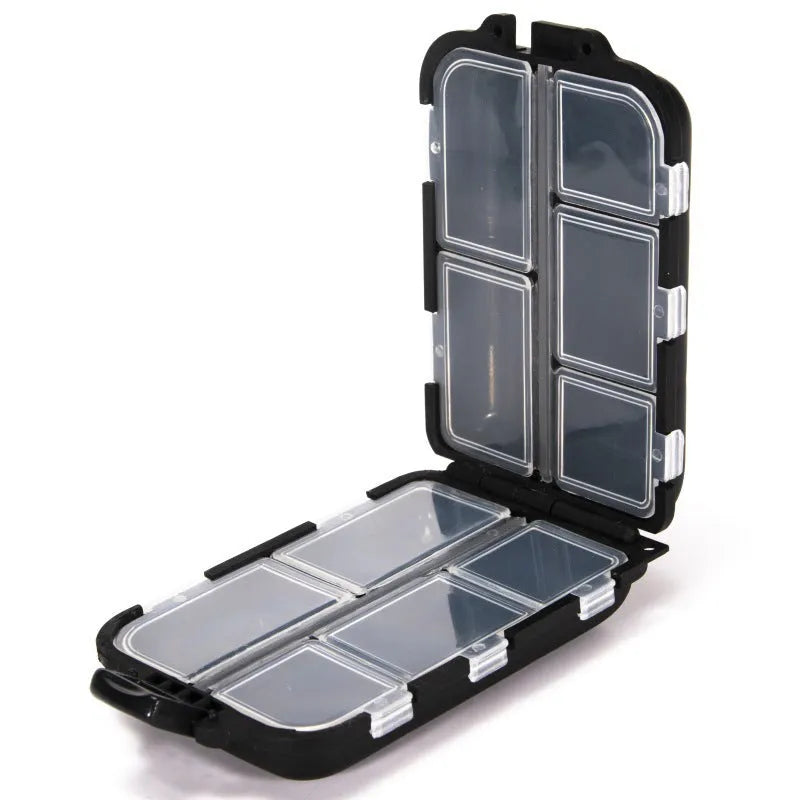 Plastic fishing tackle storage box with 10 compartments in black, blue, or green