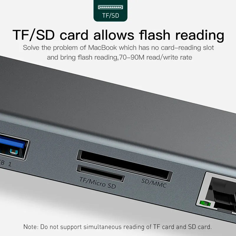 Aluminium ten-port laptop docking station and cooling hub showing HDMI, USB, and Ethernet ports.