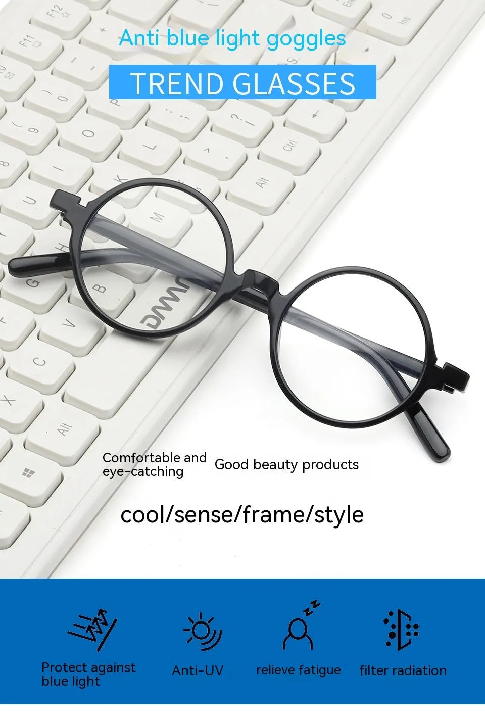 Round retro glasses with artistic frame in four colour options: bright black, sand black, tofu pudding, transparent grey.